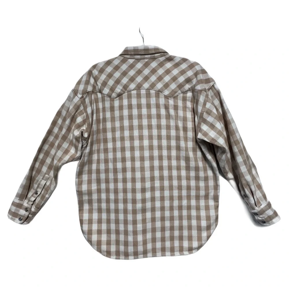 J. Crew Tan Checkered Pearl Snap Cotton Women's Button Down Shacket Shirt